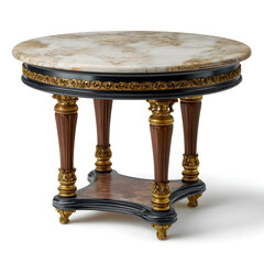 Elegant round marble top table with ornate gold accents and dark wood legs