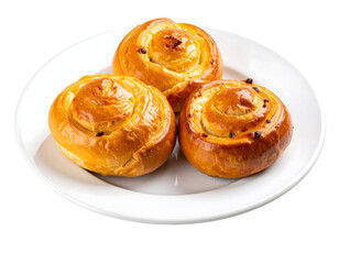 A trio of sweet, golden spiral pastries, freshly baked and glistening, ready to be enjoyed.