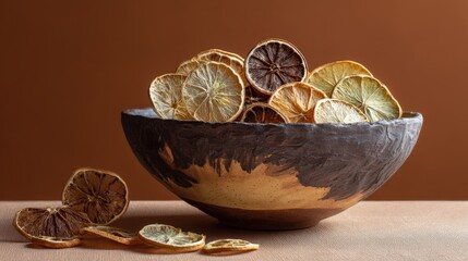 Dried citrus slices in rustic bowl. Warm, autumnal still life. Perfect for food blogs, home decor, and seasonal designs.