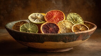 Rustic still life of dried citrus fruit in a clay bowl. Warm, inviting atmosphere. Ideal for food blogs, packaging, and websites.