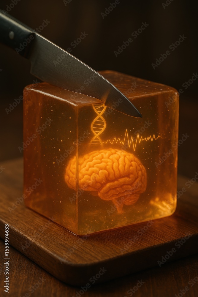 Aufkleber brain anatomy in jello: a close-up image of a gelatinous cube, featuring a three-dimensional renderi
