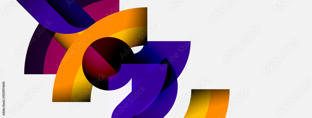 Poster abstract shapes overlap, creating vibrant color gradients. purple, orange hues dominate composition.