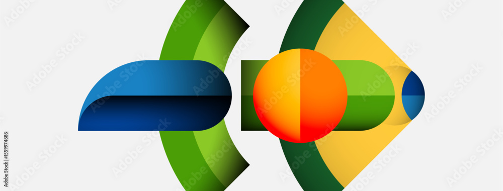 Poster abstract shapes overlap, creating vibrant color combinations. green, blue, yellow, orange hues domin