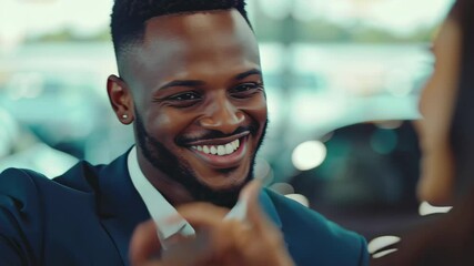 Smiling salesman engages with customers in a modern showroom setting, Portrait of smiling salesman talking to customers in car dealership
