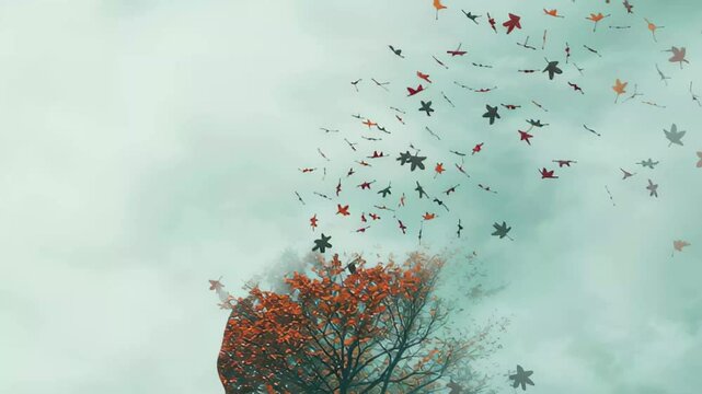 Unique fusion of human form and nature with a tree featuring vibrant autumn leaves, Persons head morphing into tree with autumn leaves amidst mystic, teal fog