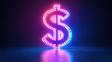 Neon dollar sign, vibrant pink and blue light, dark background