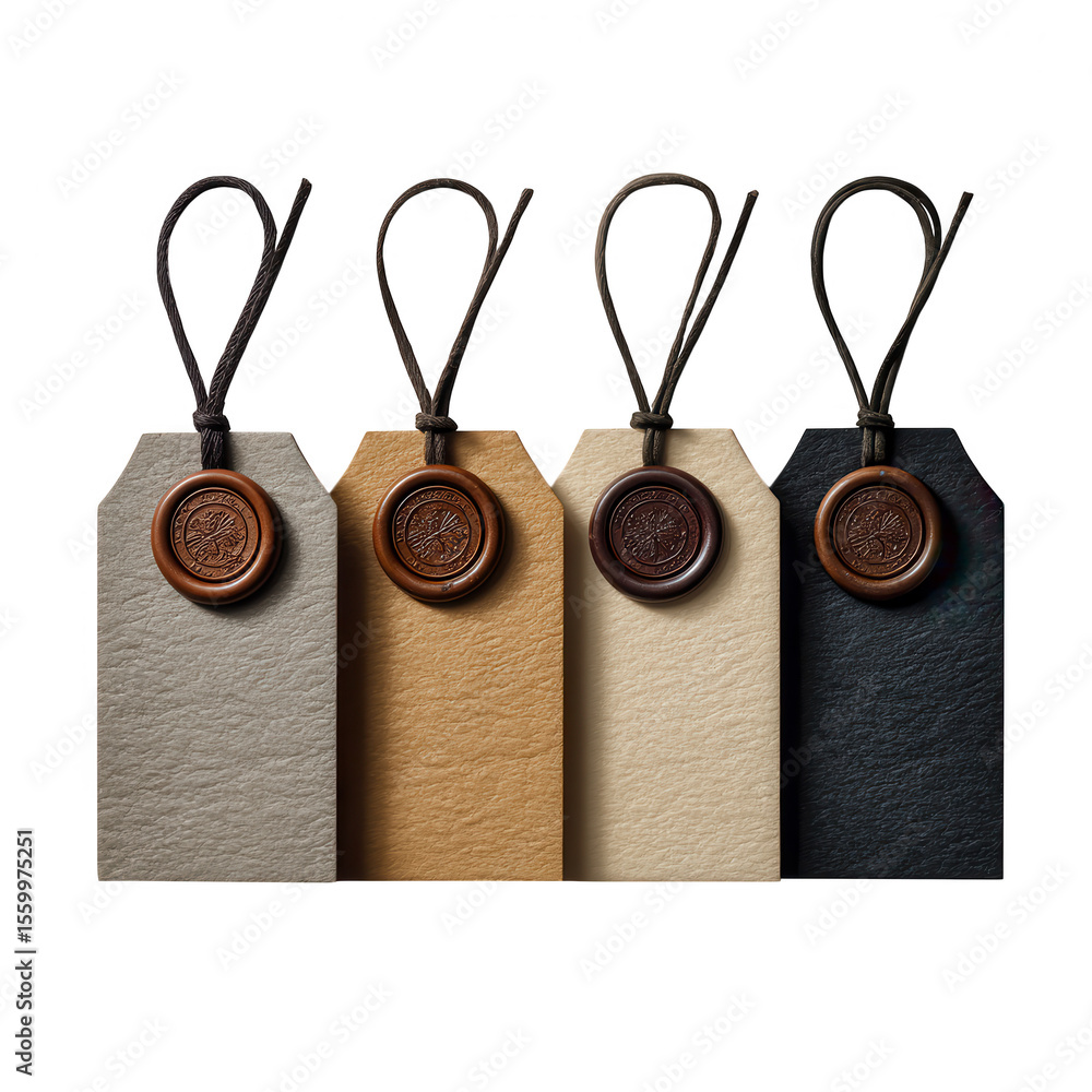 Poster four textured paper gift tags with rustic wax seals and twine strings isolated on transparent backgr