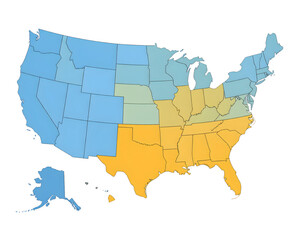 Vibrant United States map illustrating geographical divisions with distinct color coding for regions.