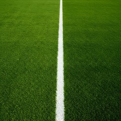 Obraz premium Thick horizontal white painted line is running across green grass turf in flat vector illustration, wallpaper, a green grass field with a thick white line running horizontally across the center.