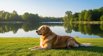 Golden Retriever basking by a serene lake at sunset. Ideal for pet care, dog-friendly travel, outdoor recreation, veterinary services, and positive lifestyle content. Serenity.
