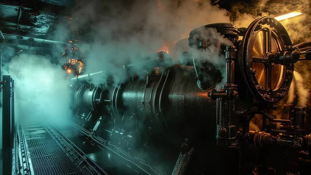 Steaming engine room illuminated by flashing lights creates a captivating atmosphere of vintage machinery, Steaming Engine Room With Flashing Light