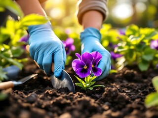Fototapeta premium Gardening hands planting flowers in spring sun. Great for hobby, eco lifestyle, and seasonal illustrations