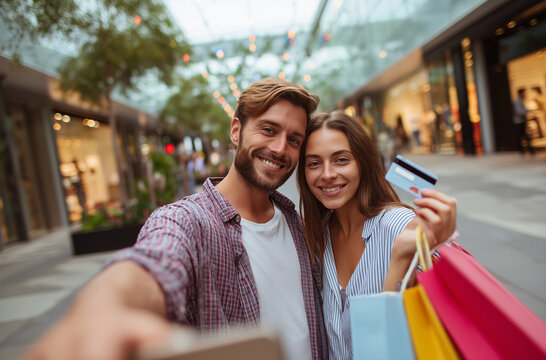 Felicidad de pareja, lifestyle urbano y consumo cool.
Pareja sonriente haciendo selfie en centro comercial con compras y tarjeta.