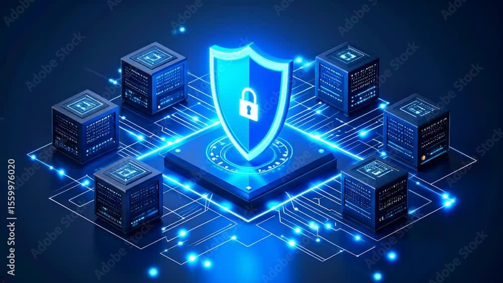 Poster futuristic server network with shield protection against cyberattacks concept visual