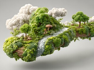 Floating island with lush greenery, a flowing river, trees, and mushrooms against a gray background