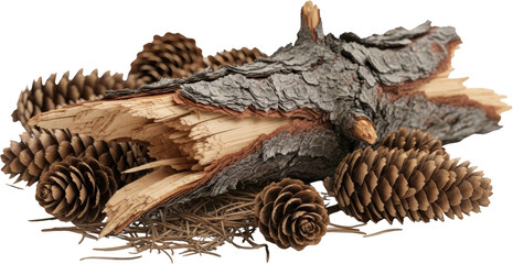 Rough tree bark and pine cones arranged on dried pine needles isolate Forest transparent background