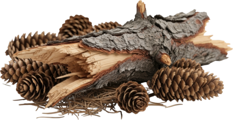 Rough tree bark and pine cones arranged on dried pine needles isolate Forest transparent background