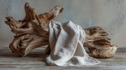 Rustic still life: driftwood, linen fabric, stone. Neutral palette, calm atmosphere. Ideal for home decor, websites, blogs.