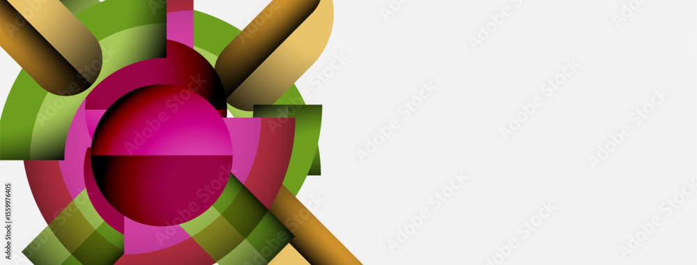 Poster abstract design features vibrant overlapping circles. pink center draws attention, surrounded by gre