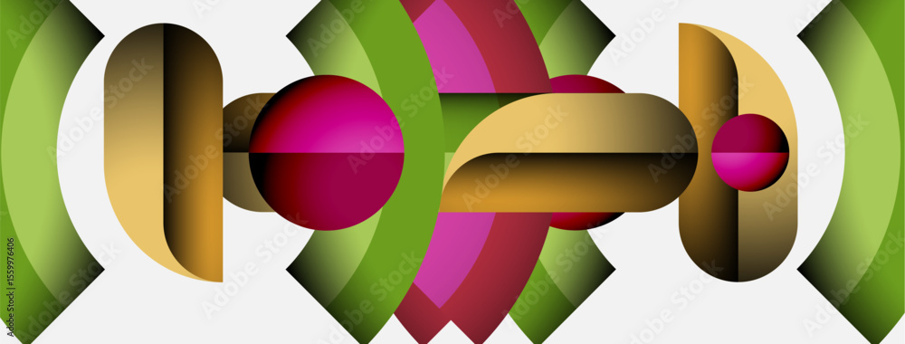 Poster Abstract composition. Overlapping shapes create dynamic visual effect. Colors blend, forming intriguing patterns. Modern design.
