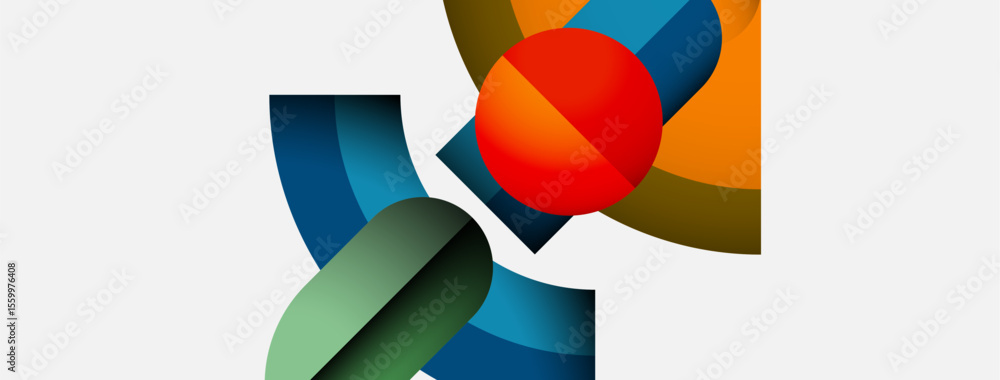 Poster abstract shapes overlap, creating dynamic composition. colors include red, blue, green, orange, mute