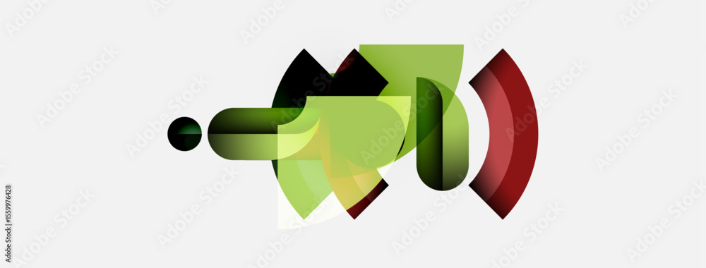 Poster Abstract composition features overlapping green, red shapes. Forms suggest movement, depth, visual complexity. Minimalist style, clean background.