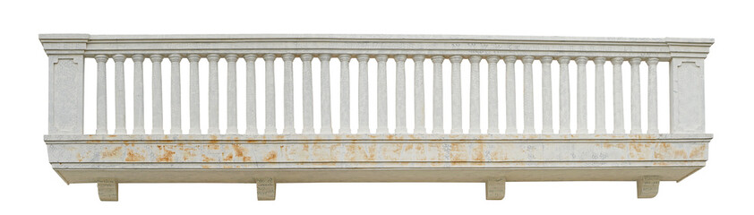 Antique stone balcony railing  or stone fence columns isolated. Architectural close-up of ornate balcony railings. Stone exterior balustrade