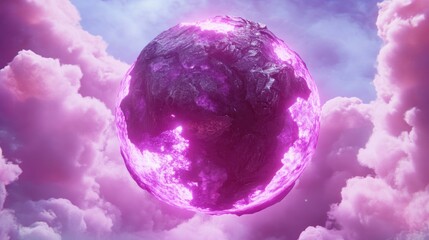 Pink glowing sphere Earth amidst clouds