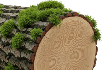 Close up of a rough bark tree trunk with vibrant green moss growing on it revealing growth rings transparent background