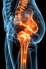 3D rendered human hip joint x-ray with vibrant highlighted inflammation