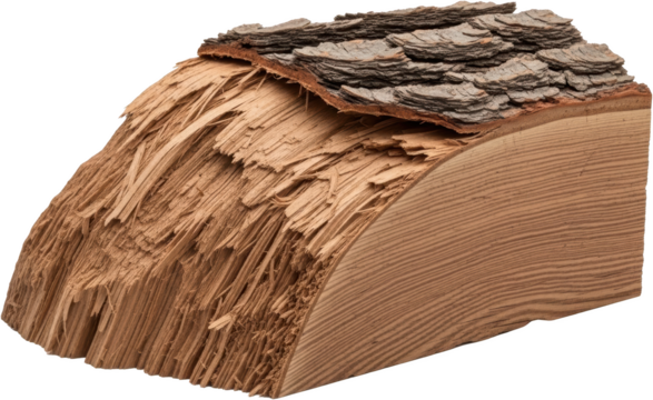 Close up cross section of a broken wood log showing bark splintered texture and growth rings transparent background