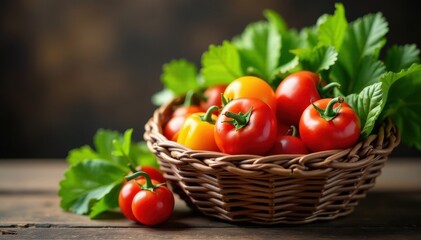 Colorful assortment of vegetables in a rustic woven basket , autumn vegetables, garden, vibrant