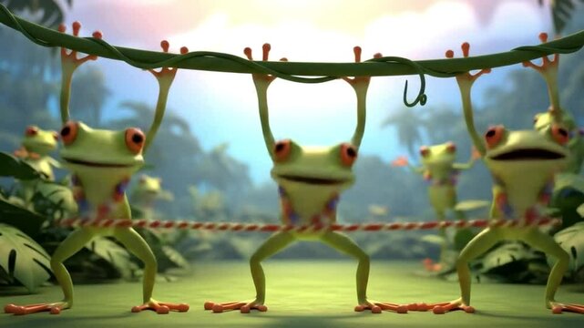 Animated Frogs Limbo Dancing in a Tropical Jungle Setting with Vines and Lush Greenery