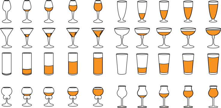 Cocktail and wine glass icons set filled with orange liquid in various shapes and styles for bar, drink, party, and alcohol themes with transparent background