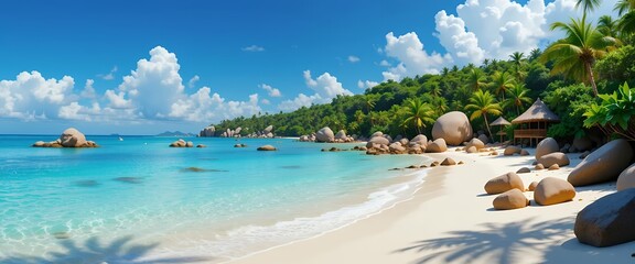 Tranquil tropical beach landscape with turquoise waters lush greenery and smooth rocks under a