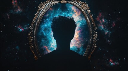 Silhouette of person inside ornate oval mirror, cosmic nebulae background
