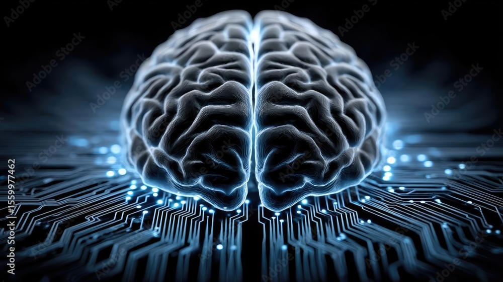 Aufkleber Cortex processor supports neuron activation process concept. A digital brain on a circuit board representing technology.