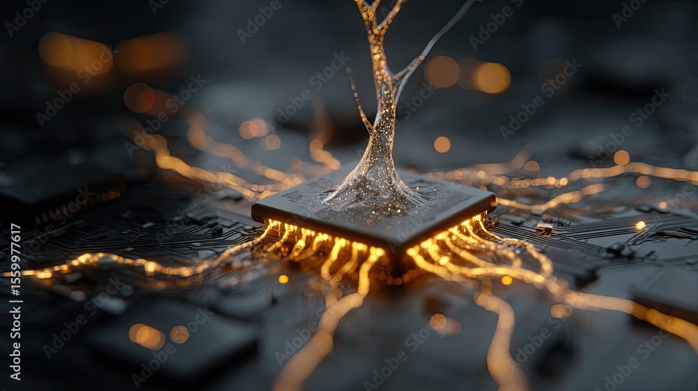Poster Cortex processor supports neuron activation process concept. Close-up of a microchip with glowing connections and circuitry.