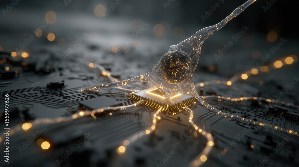 Aufkleber Cortex processor supports neuron activation process concept. Futuristic neuron on a circuit board symbolizing innovation.