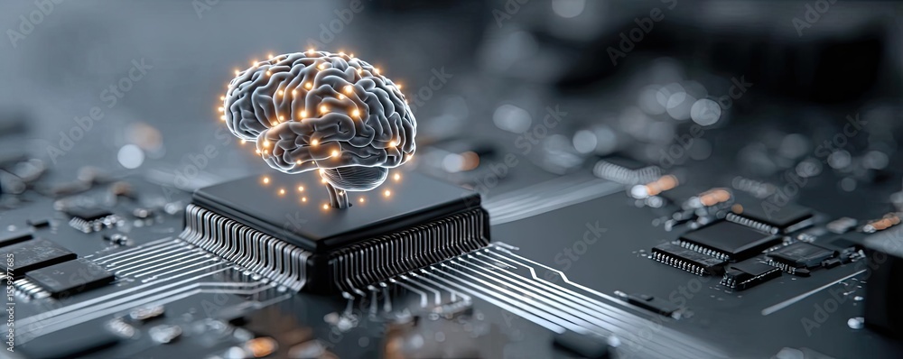 Aufkleber Cortex processor supports neuron activation process concept. Innovative microchip with a glowing brain hologram above it.