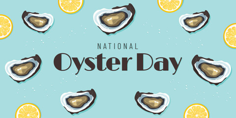 Flat Style Banner for National Oyster Day with Salt and Lemon Vector Illustration.