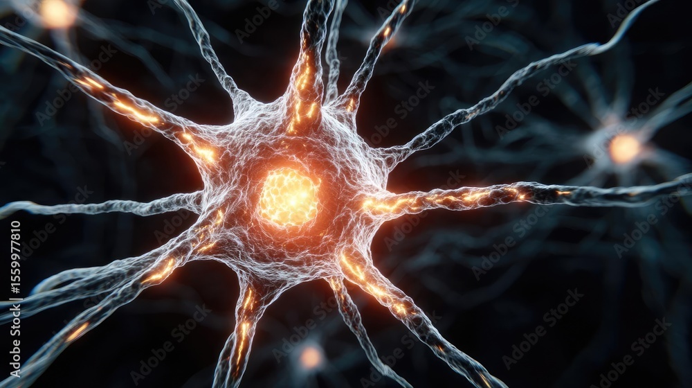 Aufkleber Cortex processor supports neuron activation process concept. A detailed view of glowing neurons and their connections.