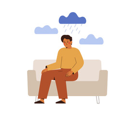 Depressed man sits under rainy clouds. Sad caucasian male suffers from insomnia, anxious disorder, burnout, emotional pressure or bullying alone at home. mental health vector illustration