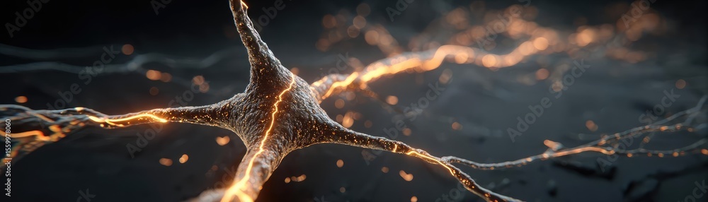 Aufkleber Cortex processor supports neuron activation process concept. A detailed view of a glowing neuron in a dark environment.