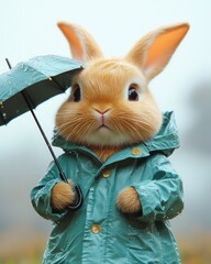 Cute rabbit in a teal raincoat holding an umbrella