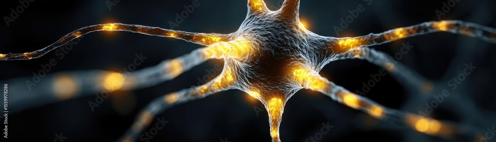 Aufkleber Cortex processor supports neuron activation process concept. Detailed close-up of a glowing neuron in a dark environment.