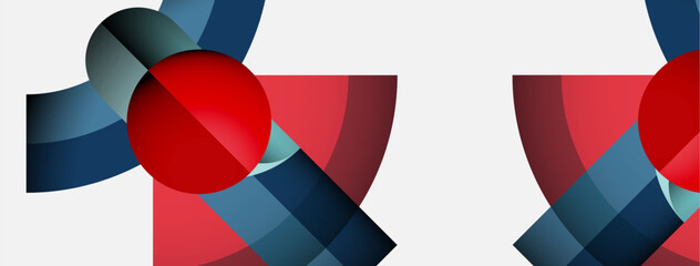 Abstract geometric composition. Red circles overlap blue shapes, creating dynamic visual effect. Minimalist design, clean lines, modern aesthetic.