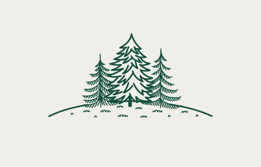 Linear sketch of three fir trees. Engraving style, logo. Forest fir trees stand on a hill