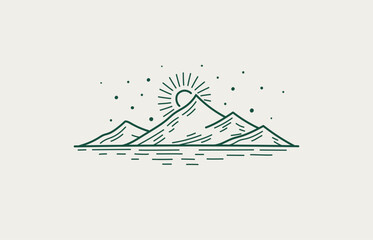Linear sketch of mountain landscape. Engraving style, logo. Four mountains with sharp peaks at sunset.