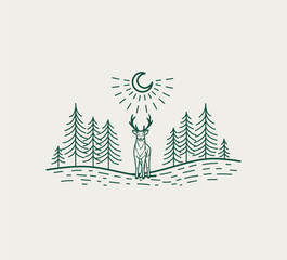 Line sketch of forest landscape with deer. Engraving style, logo. Male deer stands in front on a hill between firs, the crescent moon shines in the sky